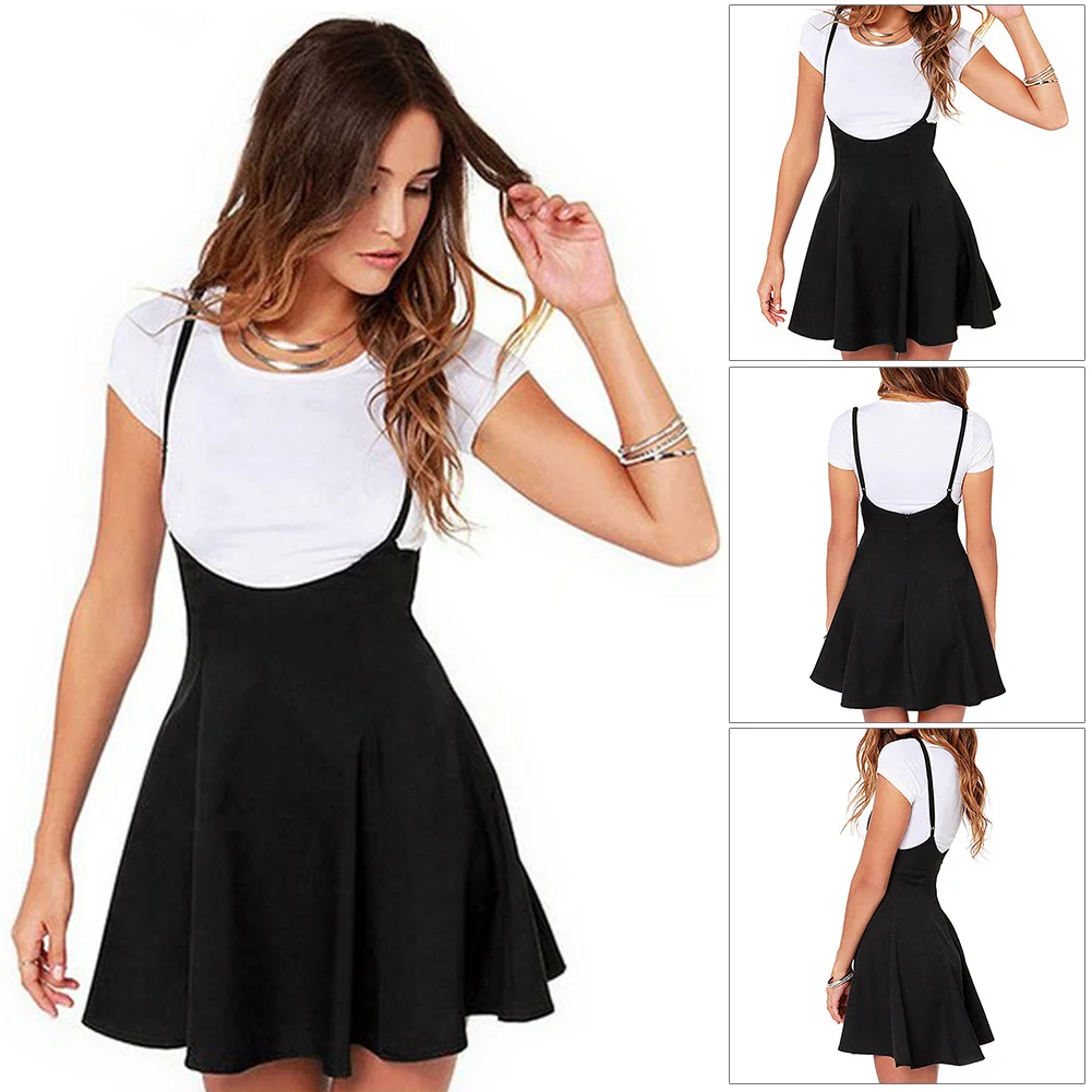 

Skater Summer Strappy Pleated Soft Fashion Suspender Mini Adjustable Strap Backless Zipper Women Skirt Casual Solid High Waist