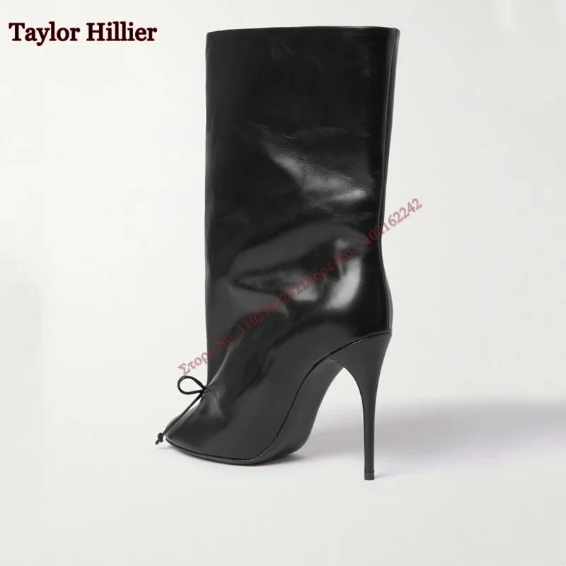 Женские сапоги из натуральной кожи с круглым носком на шпильке