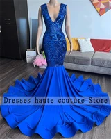 luxury sexy sequined mermaid prom dresses 2022 for black girls v neck party dress royal blue sleeveles evening gowns