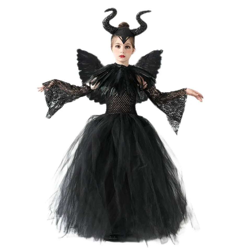 

Maleficent Halloween Cosplay Costume Girl Evil Dark Queen Witch Tutu Dress Children Carvinal Party Dresses With Wings