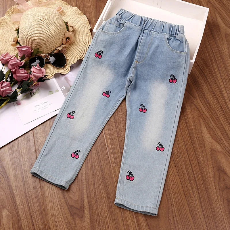 

New 2023 Pants for Kids Autumn Trousers Enfant Garcon Kids Fashion Denim Embroidery Cherry Blue Baby Girls Overalls Pants 2-7T