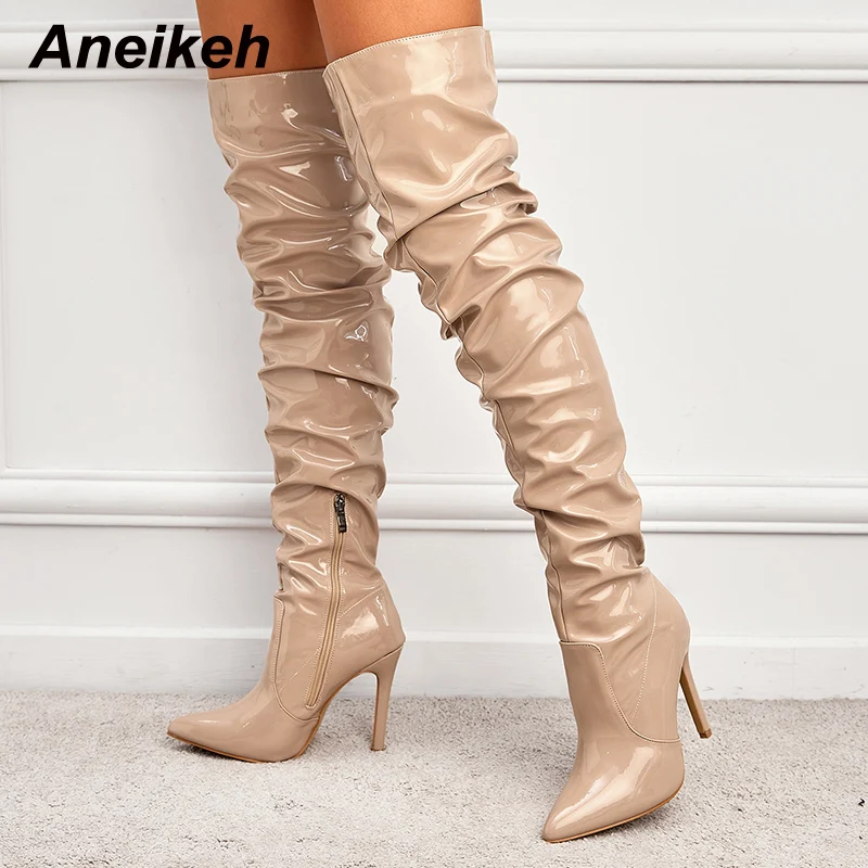 

Aneikeh Rome 2022 Autumn Winter New Fashion Solid PU Pointed Toe Thin High Heel Zippers Over The Knee Long Shoes For Women Boots