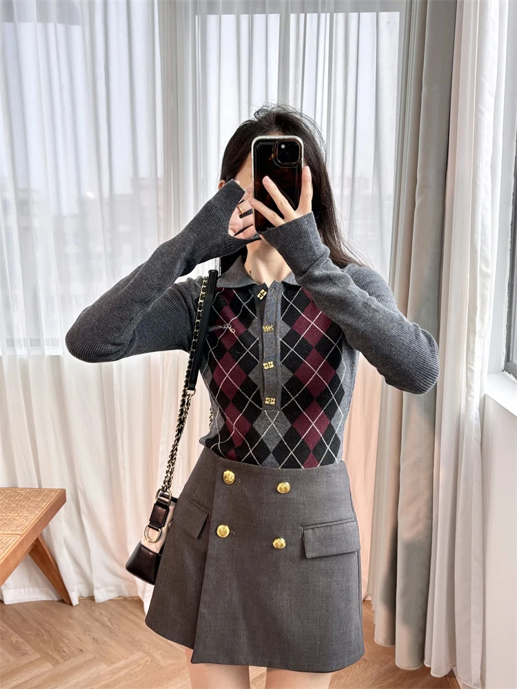 Топ с узором Lingge пуловер в стиле поло вязаный свитер GA вся шерсть 24 осень/зима