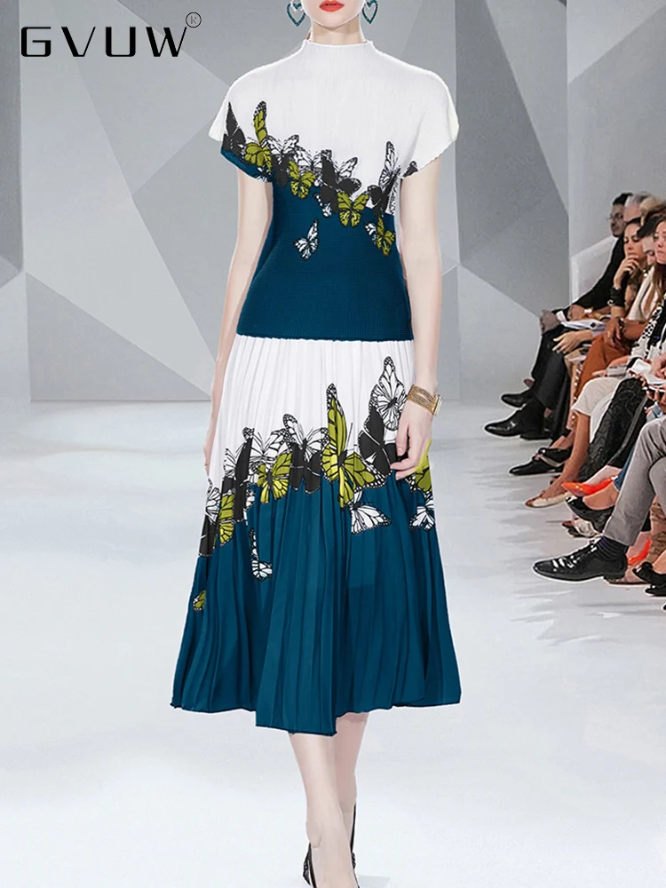 

Летняя Новинка 2023, комплект из 2 предметов GVUW, плиссированная Женская водолазка с бабочкой, тонкая роскошная трапециевидная юбка, новая ткан...