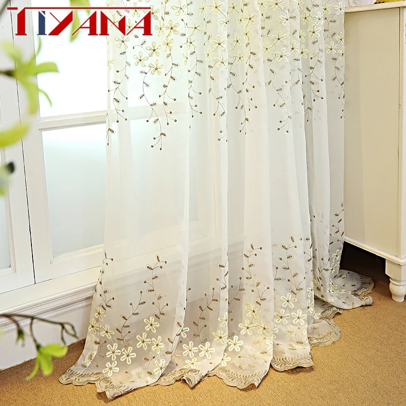 

Embroidered Flower White Tulle Curtain For Living Room Beige Sheer Curtains Finished Voile Curtain Home Drapes Custom Cortinas