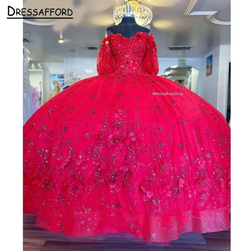 

Red Off The Shoulder Corset Ball Gown Quinceanera Dresses Beaded Appliques Formal Prom Birthday Gowns Princess Sweet 16 15