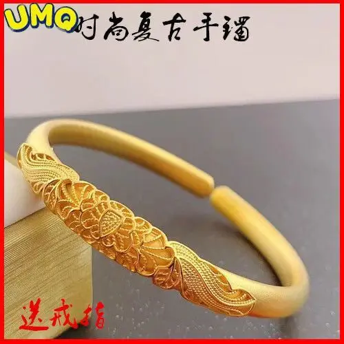 

Imitation Copy 100% Real Gold 24k Pure Bangle Bracelet with Colorless New Dragon and Phoenix Female Open Heart Solid As a Gift f