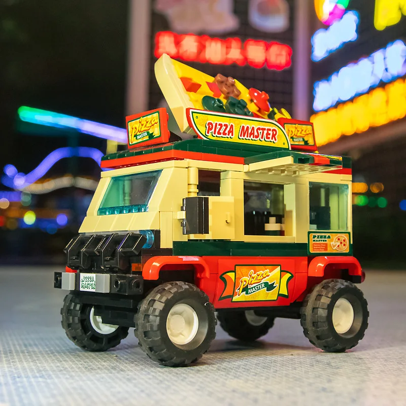 

350+Pieces Fast Food Series Toy Car Building Block Assembled Granular Model Toys Ice Cream Pizza Truck Fries Van Kawaii