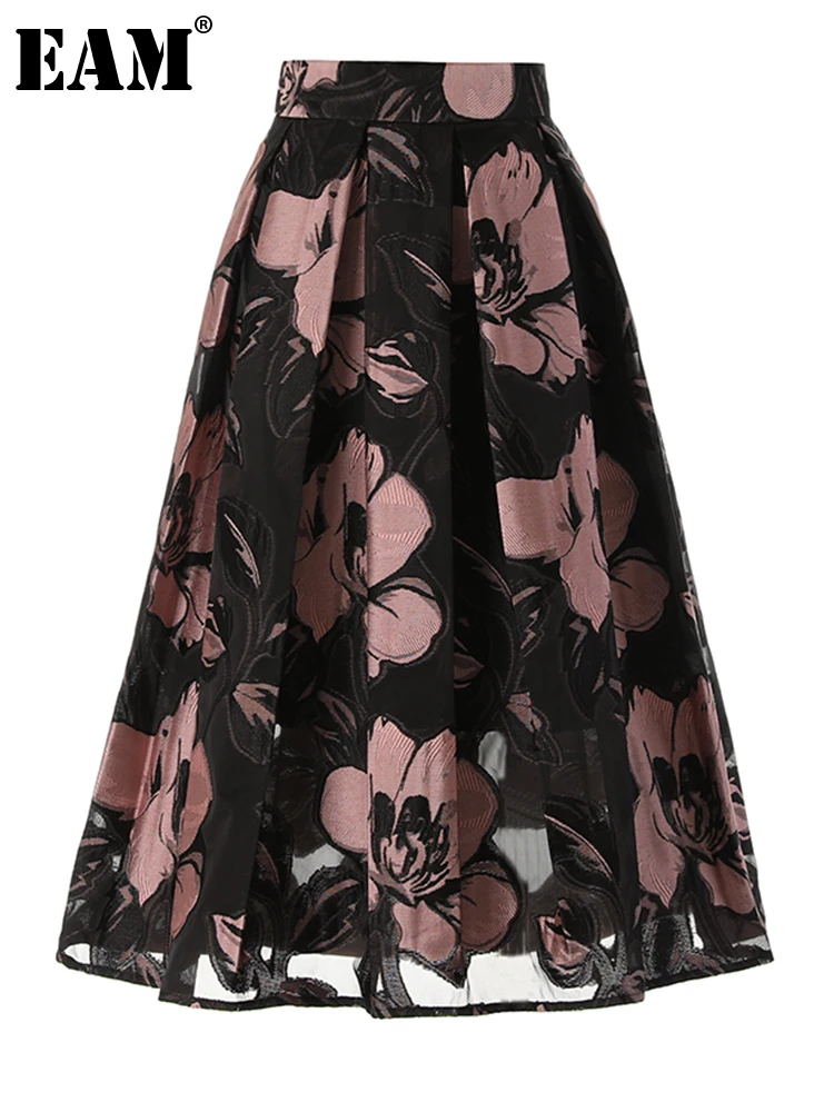 

[EAM] High Waist Black Orange Embroidery Flower Long A-line Half-body Skirt Women Fashion Tide New Spring Autumn 2023 1DF8741