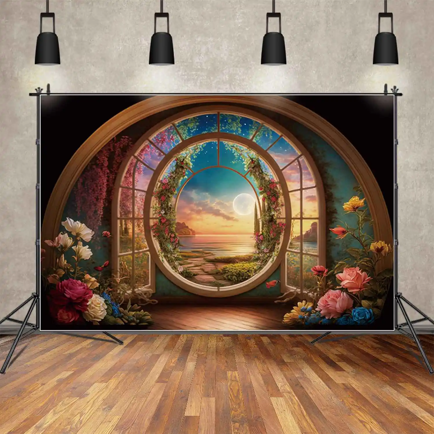 

MOON.QG Backdrop Beach Flower Room Circle Arch Door Decor Birthday Background Children Sunset Floral Party Wall Photo Booth