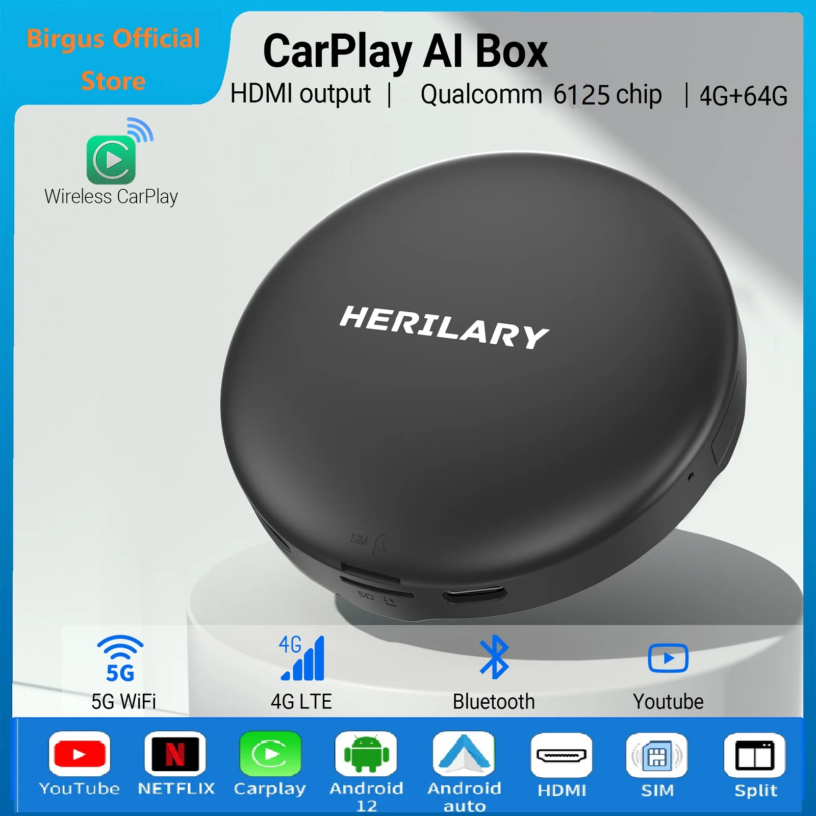 

Birgus Wireless Carplay To Android 4+64G Car Smart Box Qualcomm Octa-Core Android12.0 Auto Multiple Positioning Support