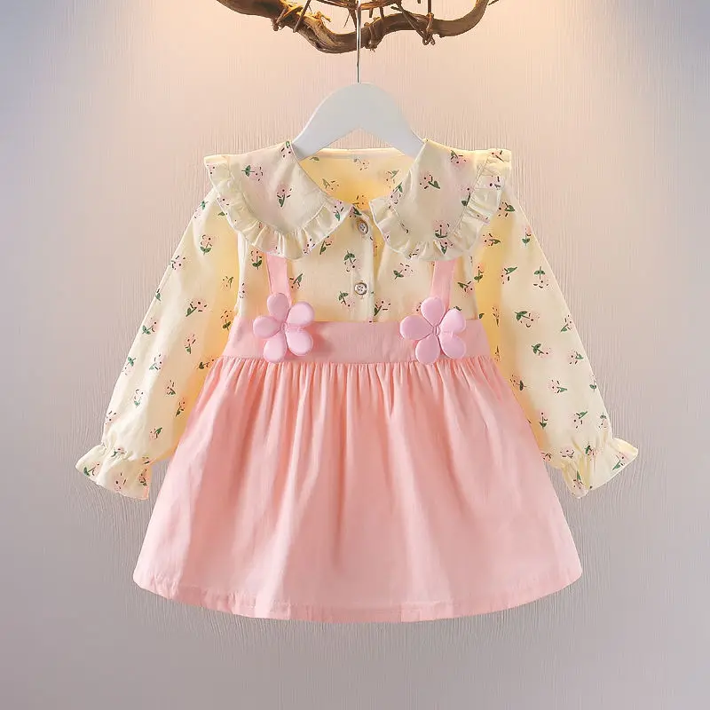 

Kids Clothes Children Doll Collar Patchwork Button A-line Casual Girls Spring Autumn Long Sleeve Fake Two Pieces Dresses