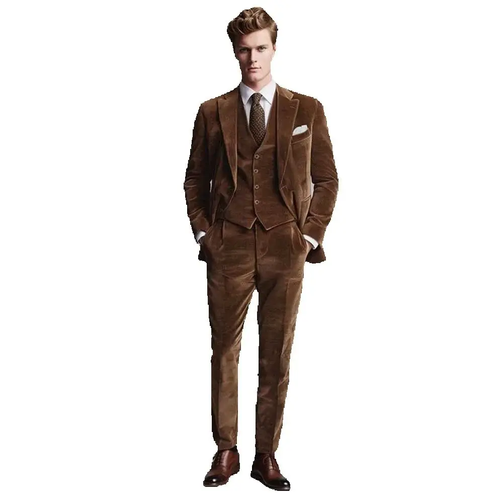 New Arrival Brown Velvet Men's Suits Single Breasted 3 Piece Jacket Pants Vest Male Clothing Chic Business Gentleman Blazer Sets