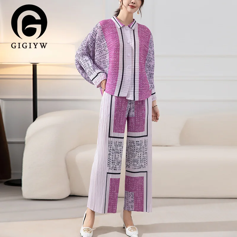 

Pleated Fashion Women's Suit Spring 2023 New Printed Loose Single-breasted Bat Sleeve Shirt+Straight Leg Pants