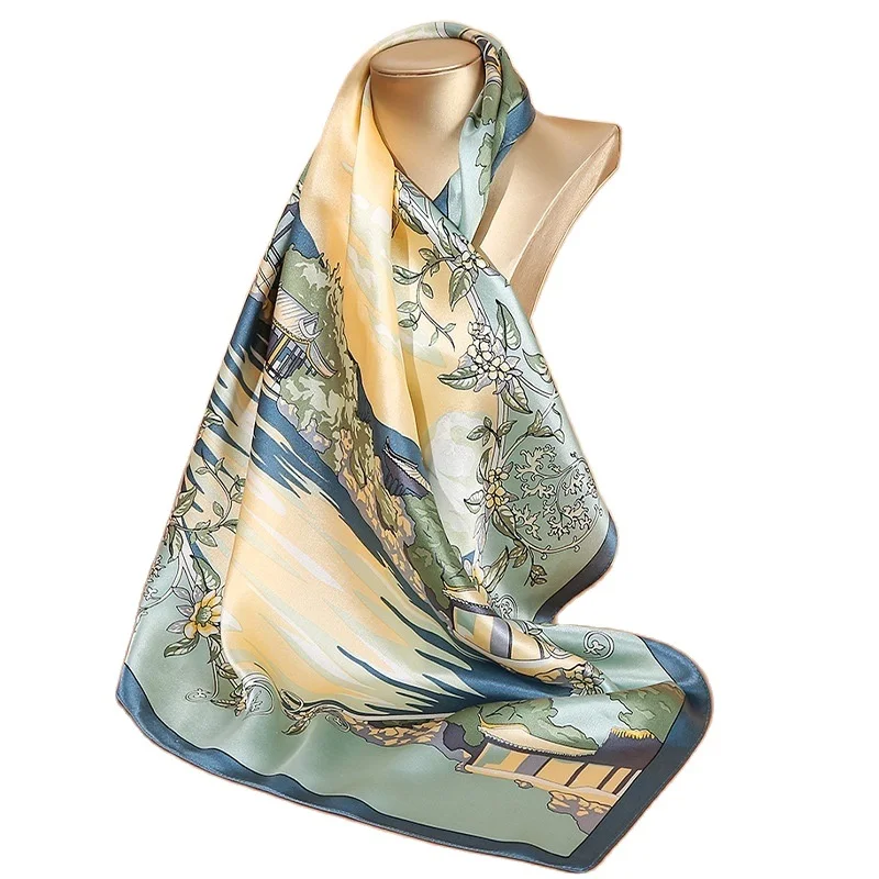 

70*70cm Women Silk Scarf Square Muffler Pareo Bandana Design Brand Headband Female Satin Hijab Shawl Wrap Kerchief Print Foulard