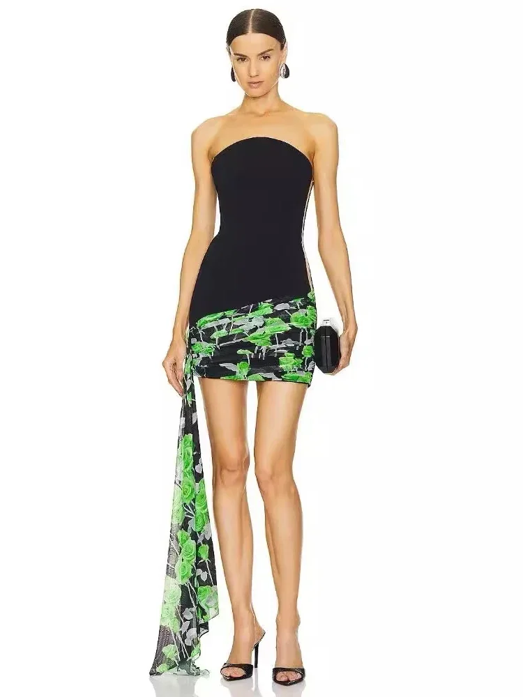 DEIVE TEGER 2024 новое женское черное плиссированное мини-платье без бретелек с принтом