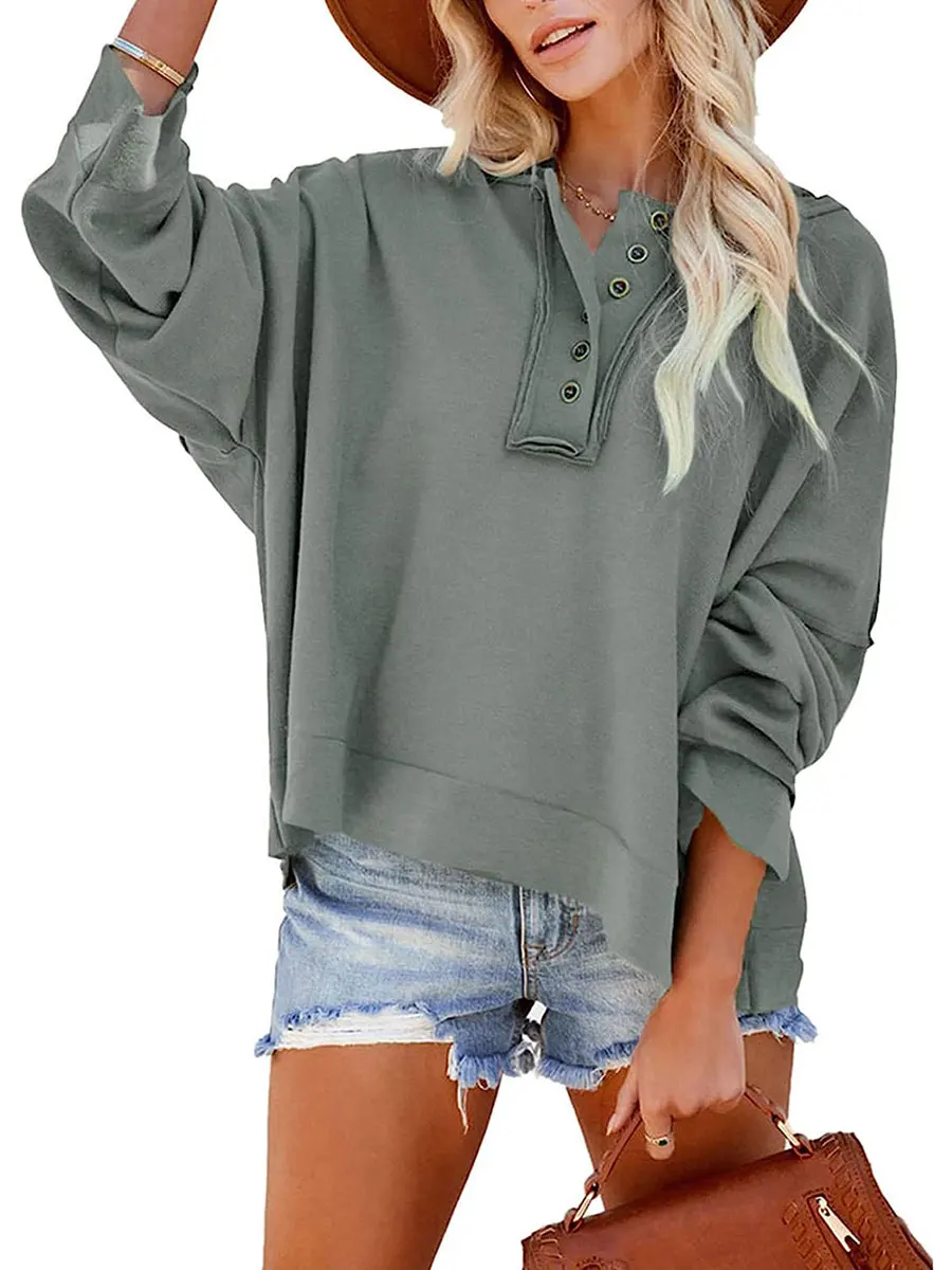 

Women s V Neck Button Down Long Sleeve Crop Hoodies Loose Pullover Hooded Sweatshirts Tops
