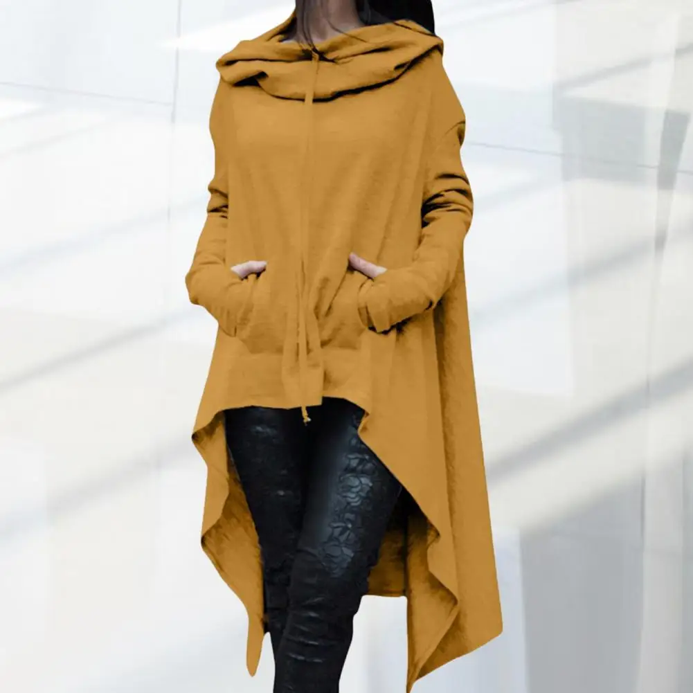 

Asymmetric Hem Solid Color Women Winter Sweatshirt Drawstring Cotton Hooded Loose Blend Poncho Coat For