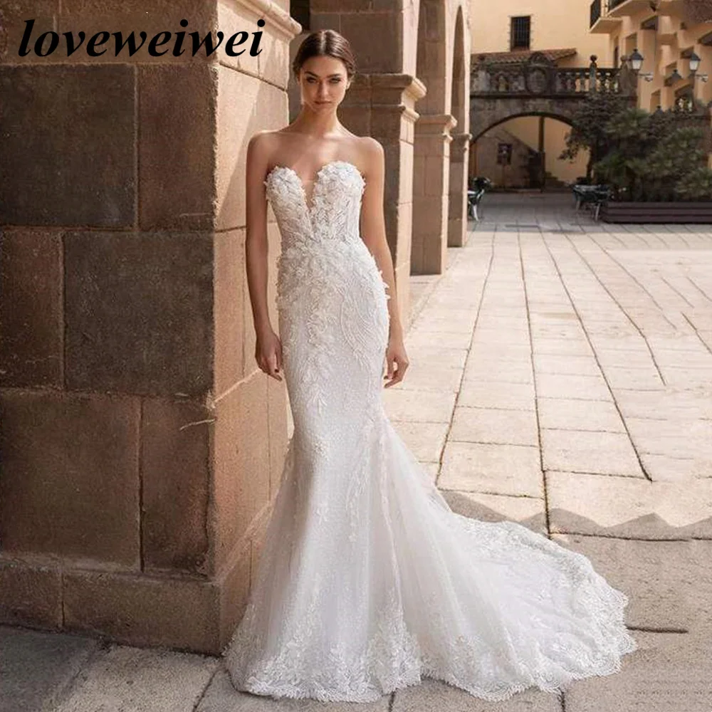 

3D Flower Mermaid Lace Wedding Dress Sweetheart Neck Bridal Robes Court Train Bride Dresses Illusion Back Vestido De Noiva