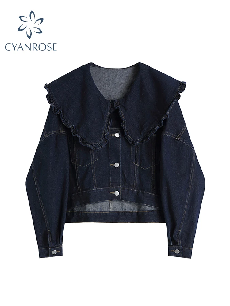 Женская джинсовая куртка с длинным рукавом однобортная Свободная воротником