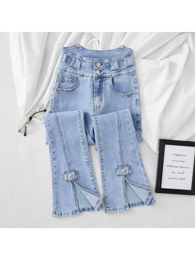 

Light Blue Slit Micro-flare Jeans Women's Spring Summer New Simple High Waist Slim Fit Elasticity Denim Pants Female Trousers