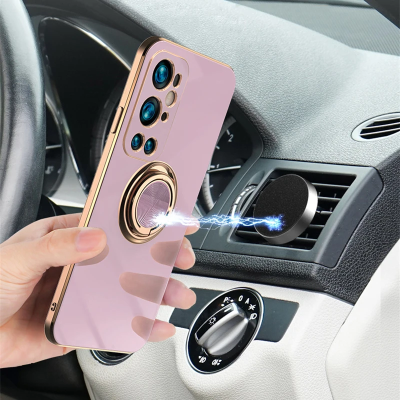 luxury plating soft silicone case for oneplus 9 pro case for one plus 9 9pro oneplus9 phone covers with ring holder stand magnet free global shipping