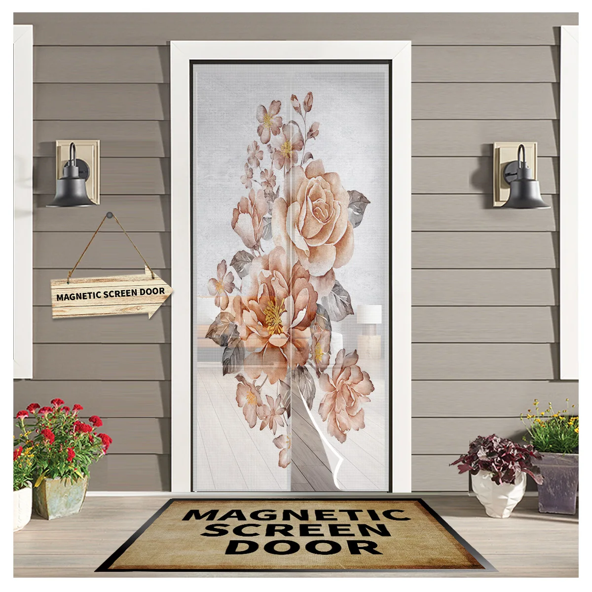 

Flowers Oil Painting Art Retro Door Curtain Magnetic Mosquito Net Curtains Bedroom Insect Door Screen Gauze Door Window Screens