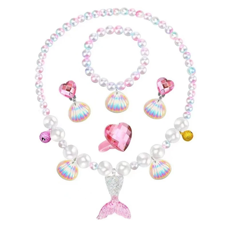 

Girls Princess Jewelry Set Mermaid-Bracelets Necklace Open Ring Earrings Clips