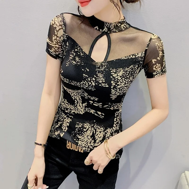 

#6029 летняя футболка с коротким рукавом, женская футболка с принтом и воротником-стойкой, сексуальная тонкая облегающая футболка с вырезами, женская футболка со стразами