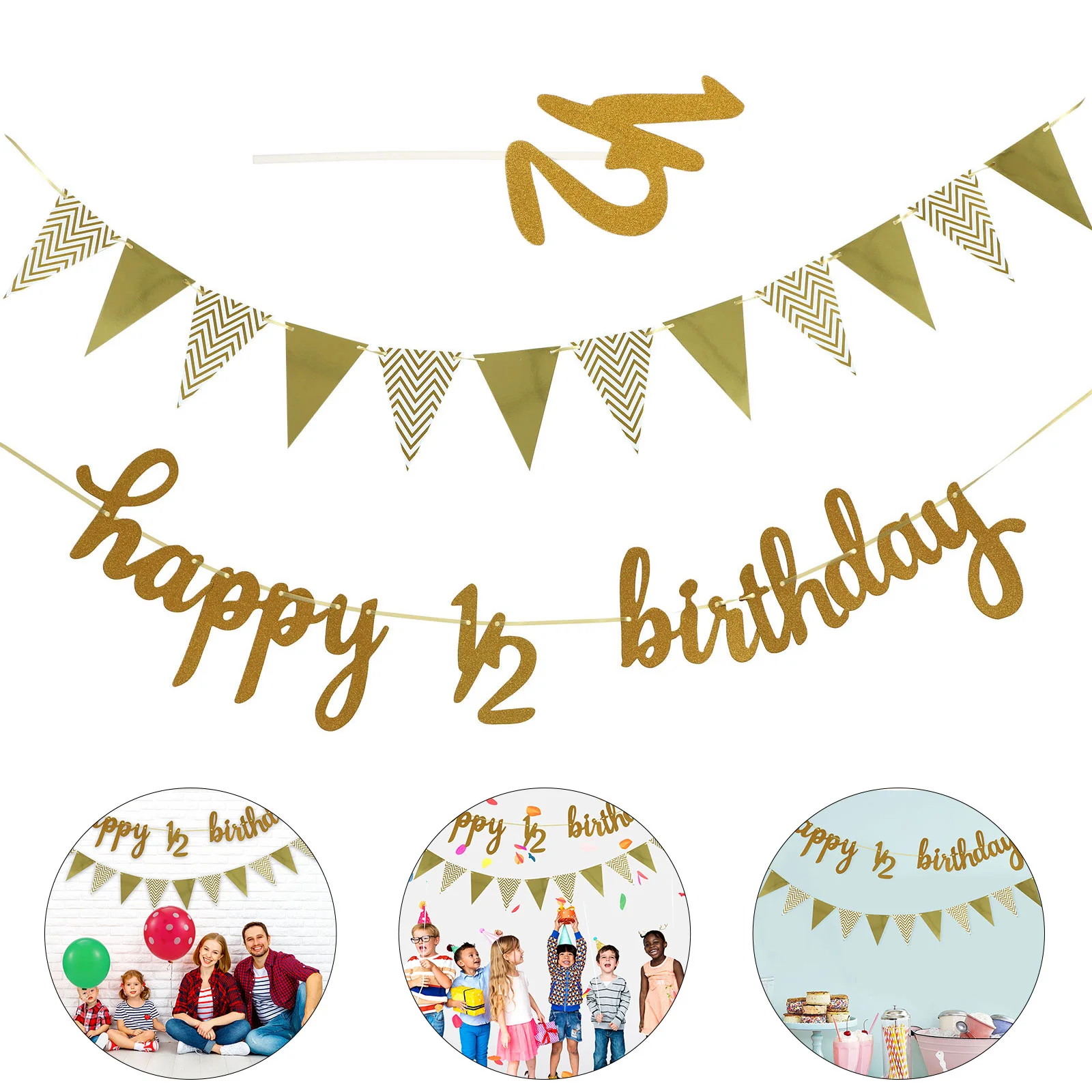 

1 Set Glitter Baby Girls 1/2 Birthday Cake Topper Triangle Flag Banner Half Birthday Decorations Ornament