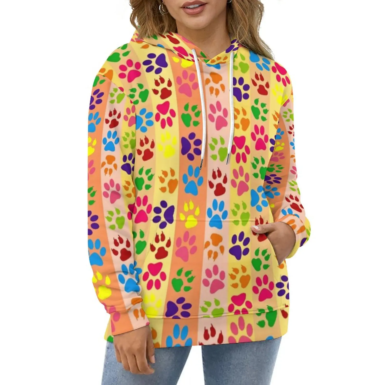 

Colorful Dog Paws Hoodies Long Sleeve Striped Print Y2k Casual Pullover Hoodie Autumn Classic Oversize Pattern Loose Sweatshirts