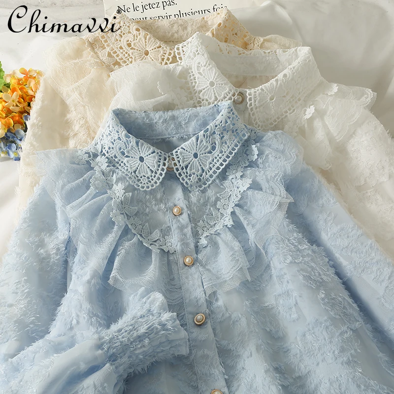 

Lace Stitching Lapel Single Breasted Loose Slimming Bottoming Shirt Women's 2022 Spring Fashion Elegant Long Sleeves Blouses Top