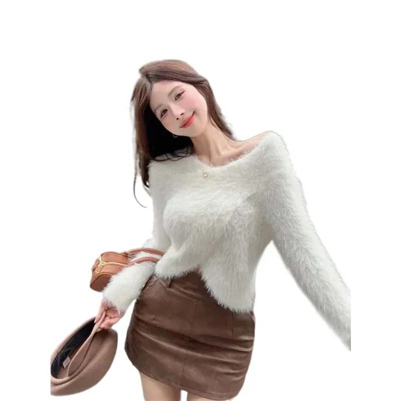 Укороченный норковый свитер с перекрестными воротниками для женщин мягкий