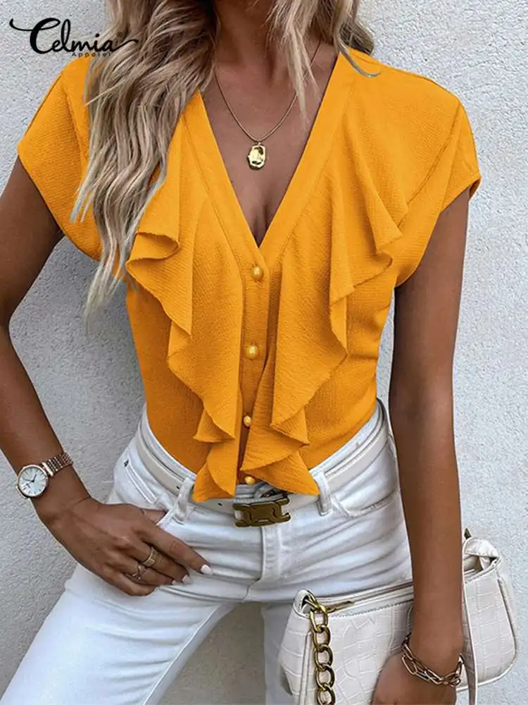 

Модная туника с V-образным вырезом Celmia, шикарные элегантные женские летние рубашки, Однотонные блузки на пуговицах с коротким рукавом и обор...
