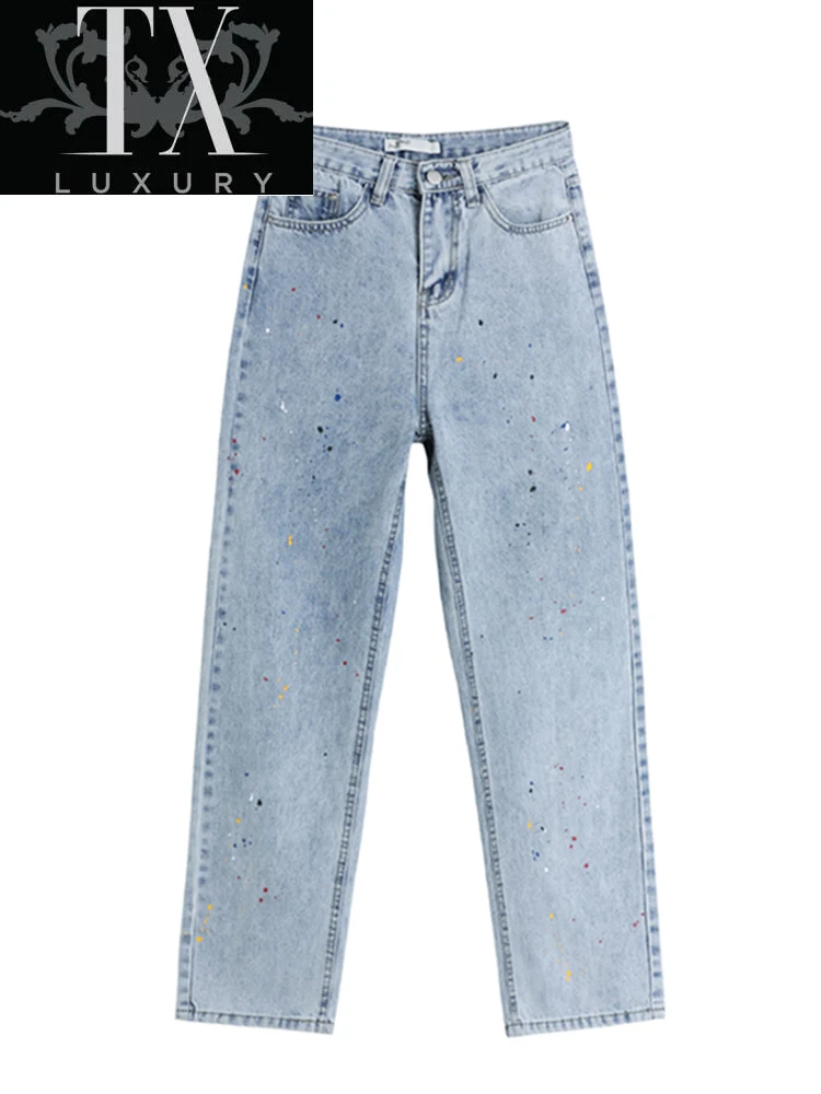 

Women Palazzo Denim Casual Wide Leg Trousers Lady Vintage Streetwear Blue Jeans Female Paint Dot Baggy Straight Pants