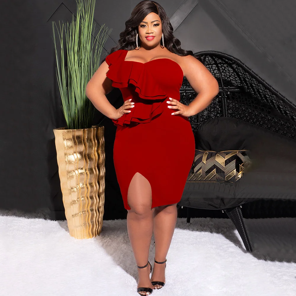 Plus Size Women's Party Dresses Fashion Casual Ruffle Slit One Shoulder Sleeve Dress Large Size Female Solid Color Elegant Dress