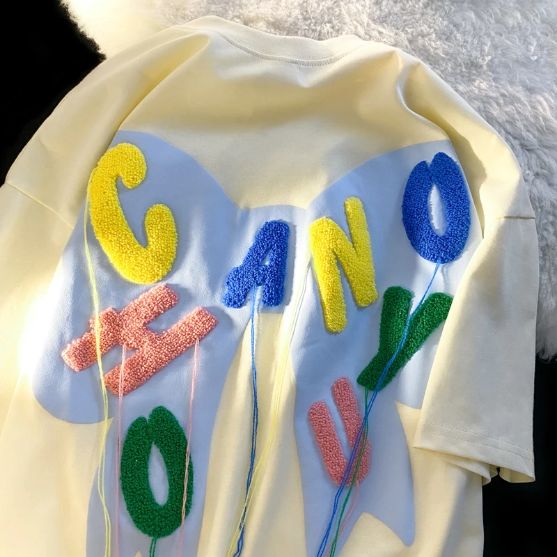 

2022 New Towel Embroidered Short Sleeve T-Shirt Women's Letter Flocking Bow Foaming Fashion Top Kawaii Clothes Oversized TShirt