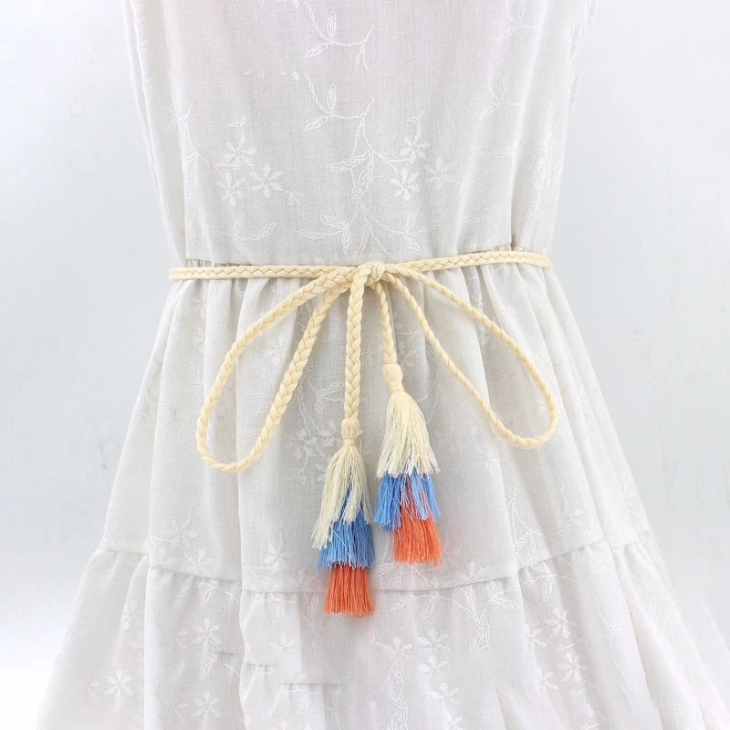

Fashion Women Woven Belt Small Fresh Thin Braid Tassel Rope Waist Belts For Dresses Waistband Knot Decorated Cotton String