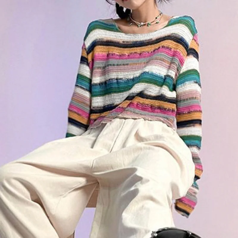 

Printed Slash Neck Sexy Top Loose Knitted Pullovers Autumn Long Sleeve Striped Sweater Women Jumper Knitwear Casual Crop Clothes
