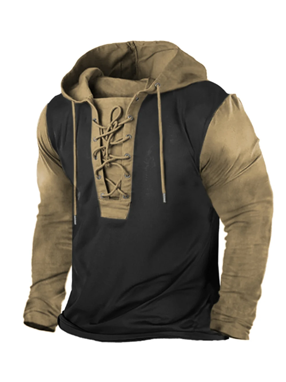

Outdoor Drawstring Pullover Mens Tshirts Casual Patchwork Loose Hoody Tee Tops Autumn Hoodies T Shirt Men Long Sleeve Streetwear