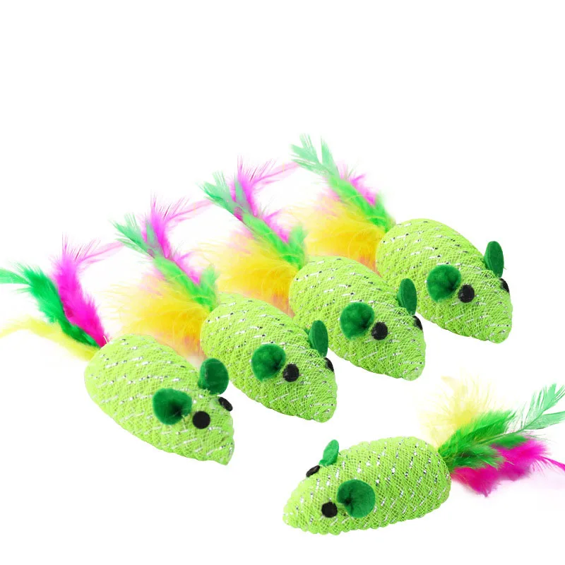 

1/4/5pc Green Weaved Feather Mouse Toy with Bell Resistance Bite Cat Toys Cat Supplies Pet Interaction Relieve Boredom Toys