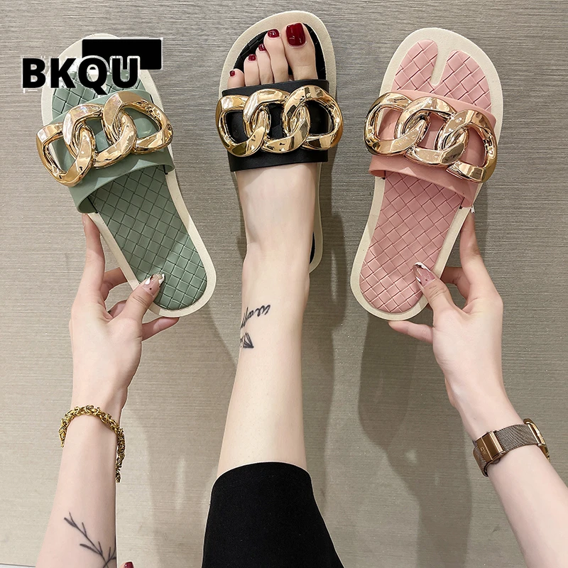 

BKQU 2022 Summer Indoor Square Toe Flat Solid Women Sandals Outdoor Beach Sexy Ladies Slides House Slippers