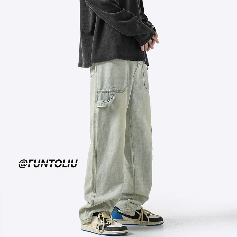 4 Colors Baggy Cargo Jeans Men Fashion Casual Pocket Jeans Men Streetwear Hip Hop Loose Straight Denim Pants Mens Trousers M-2XL