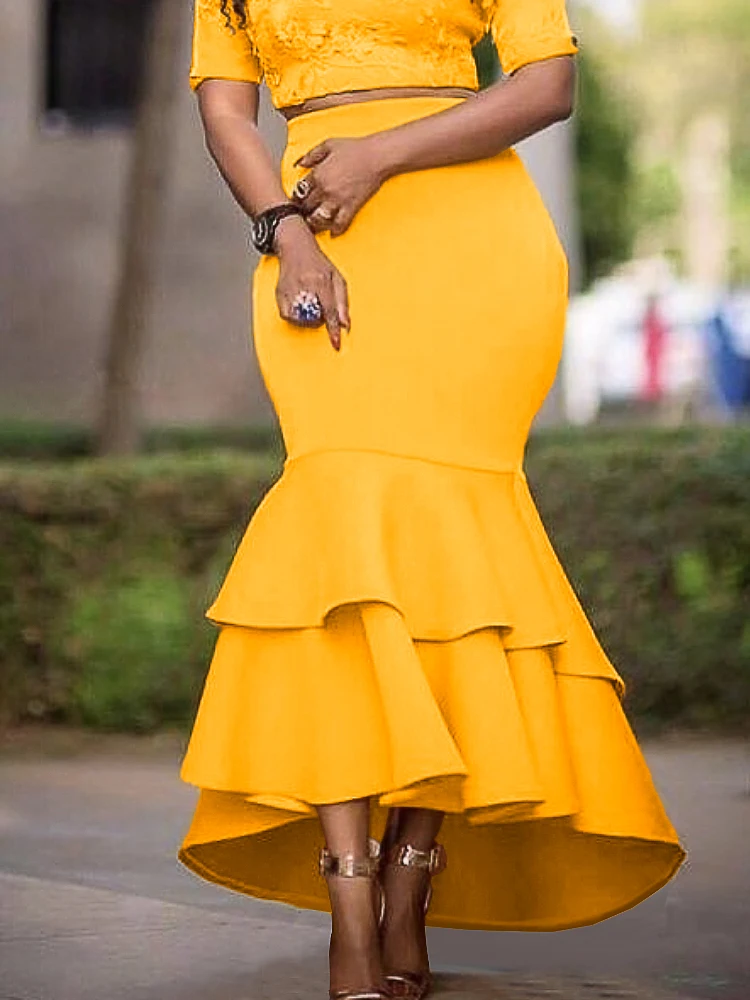 

AOMEI Women Skirts High Waist Mermaid Evening Formal Party Elegant Yellow Ruffle Trumpet Skirt Midi Large Size 4XL Event Jupes