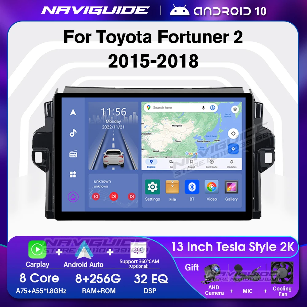 NAVIGUIDE 13'' 1920*1200P Car Radio For Toyota Fortuner 2 2015-2018 Carplay Autoradio Bluetooth Audio Multimedia Player Android