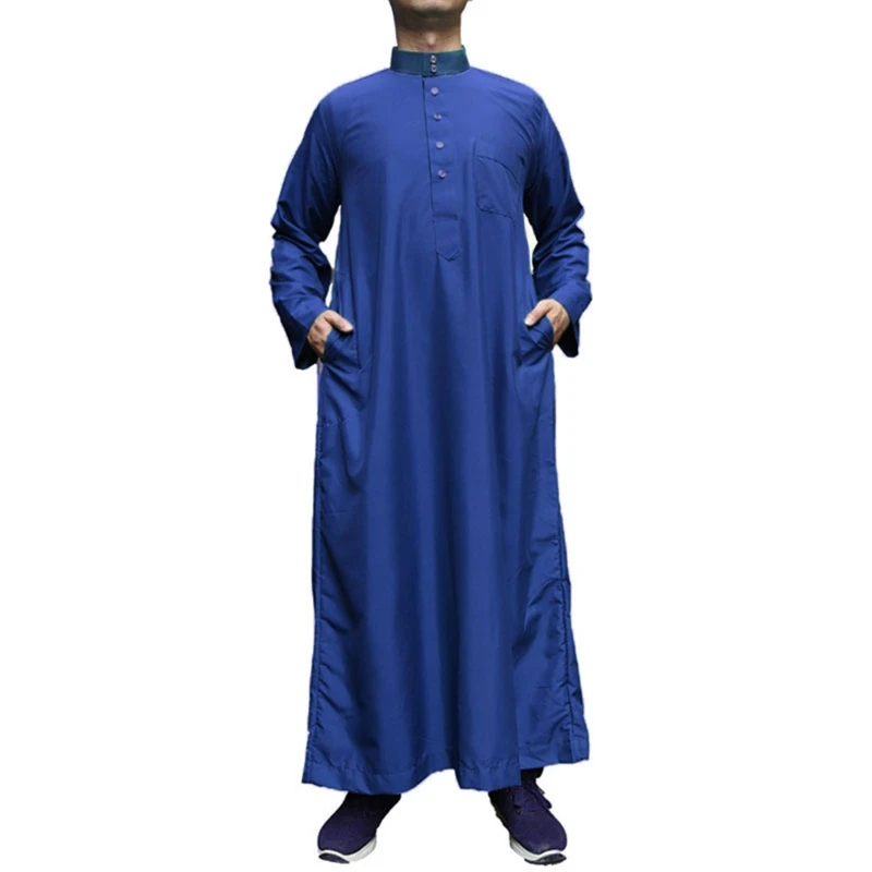 Ramadan Muslim Dress Abayas Dubai Casual Kaftan Robe Islamic Costume with Long Sleeve Stand Collar Thobe Gift for Men