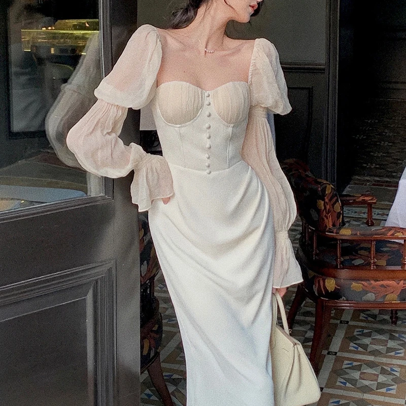 

New Elegant Square Collar Dress Ladies 2022 Summer Lantern Sleeve High Waist Prom Dresses Women Vintage Vestidos Chic