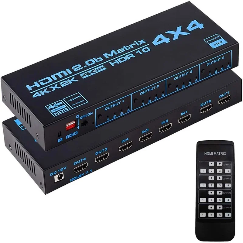 HDMI-compatible Matrix Switch 4x4 4K Matrix Switcher Splitter 4 In 4 Out Box with EDID Extractor and IR Remote Control