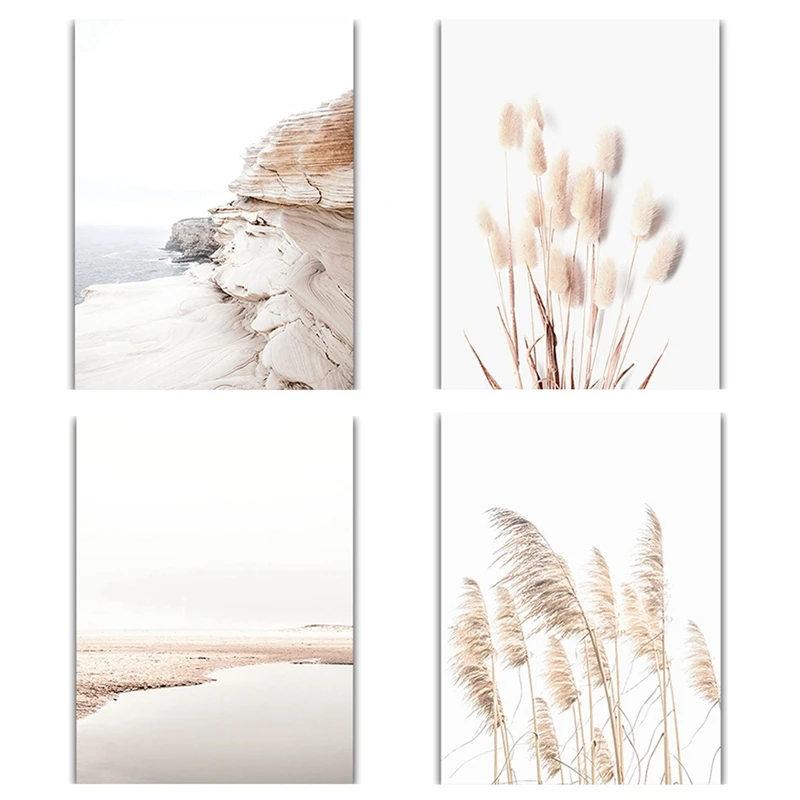 

4Pcs Nordic Coast Beach Oil On Canvas Painting Modern Simple Landscape Poster Home Bedroom Living Room Wall Art Decor