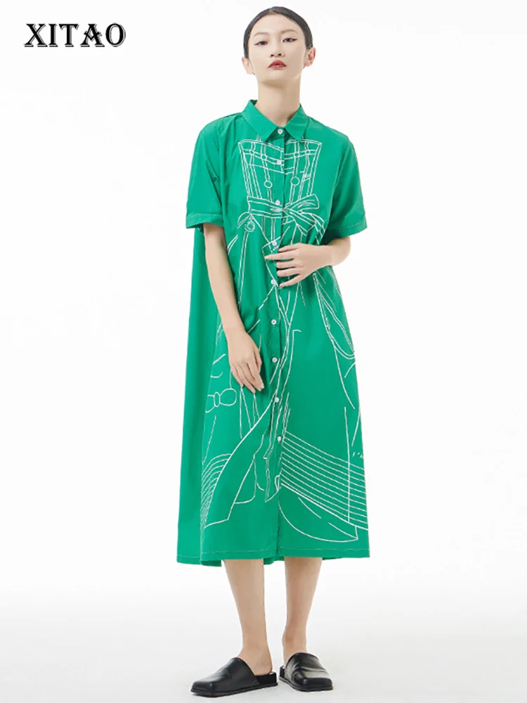 

XITAO однотонное однобортное платье в стиле пэчворк с принтом; Новое поступление 2022 года; Сезон лето; Повседневная модная одежда; Универсальная одежда; WMD6212